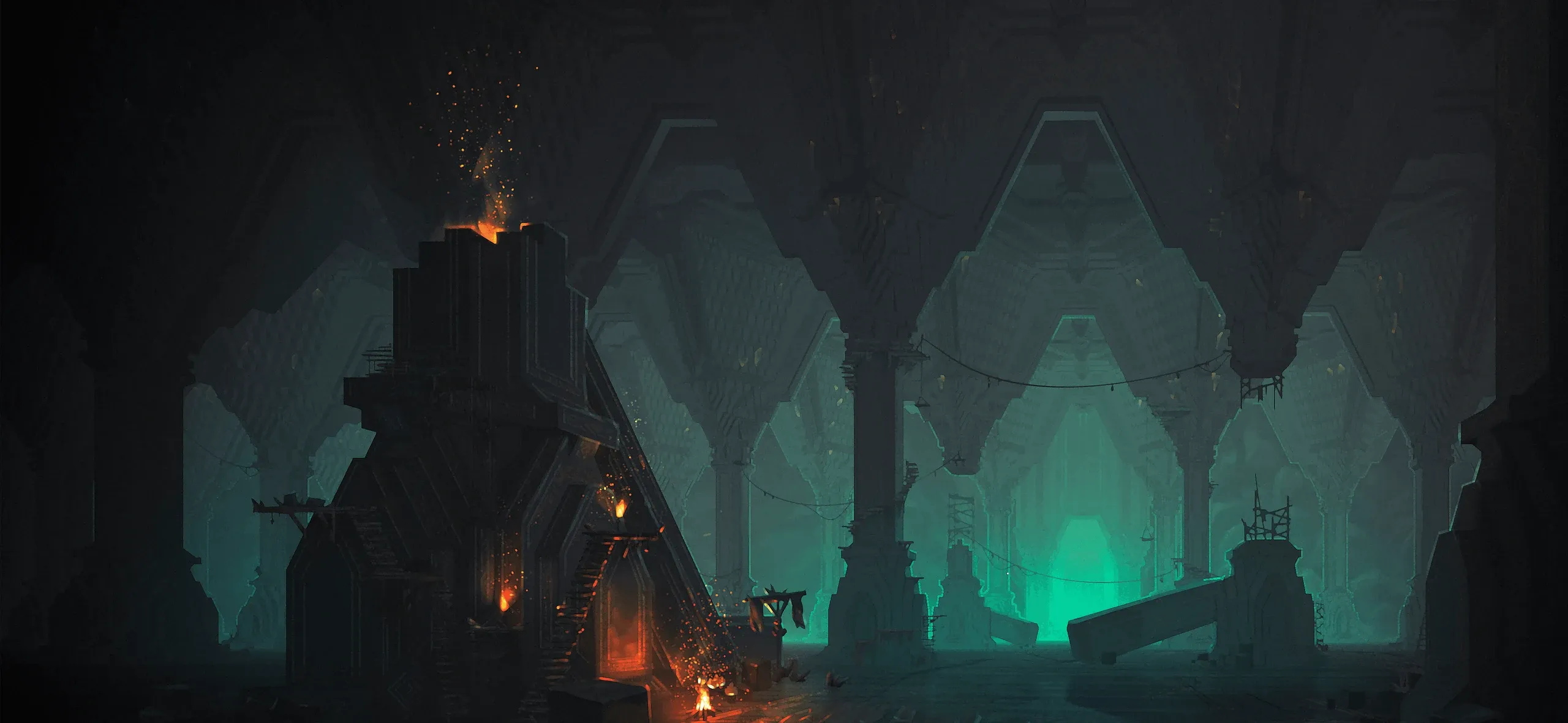 An abandoned dwarven hall lit by green firelight, concept art for AinuTale