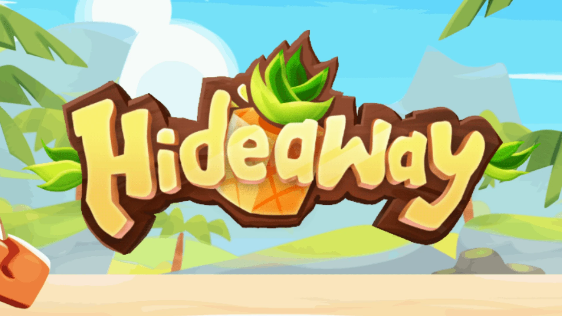 The Hideaway logo carved in wood against a tropical island background