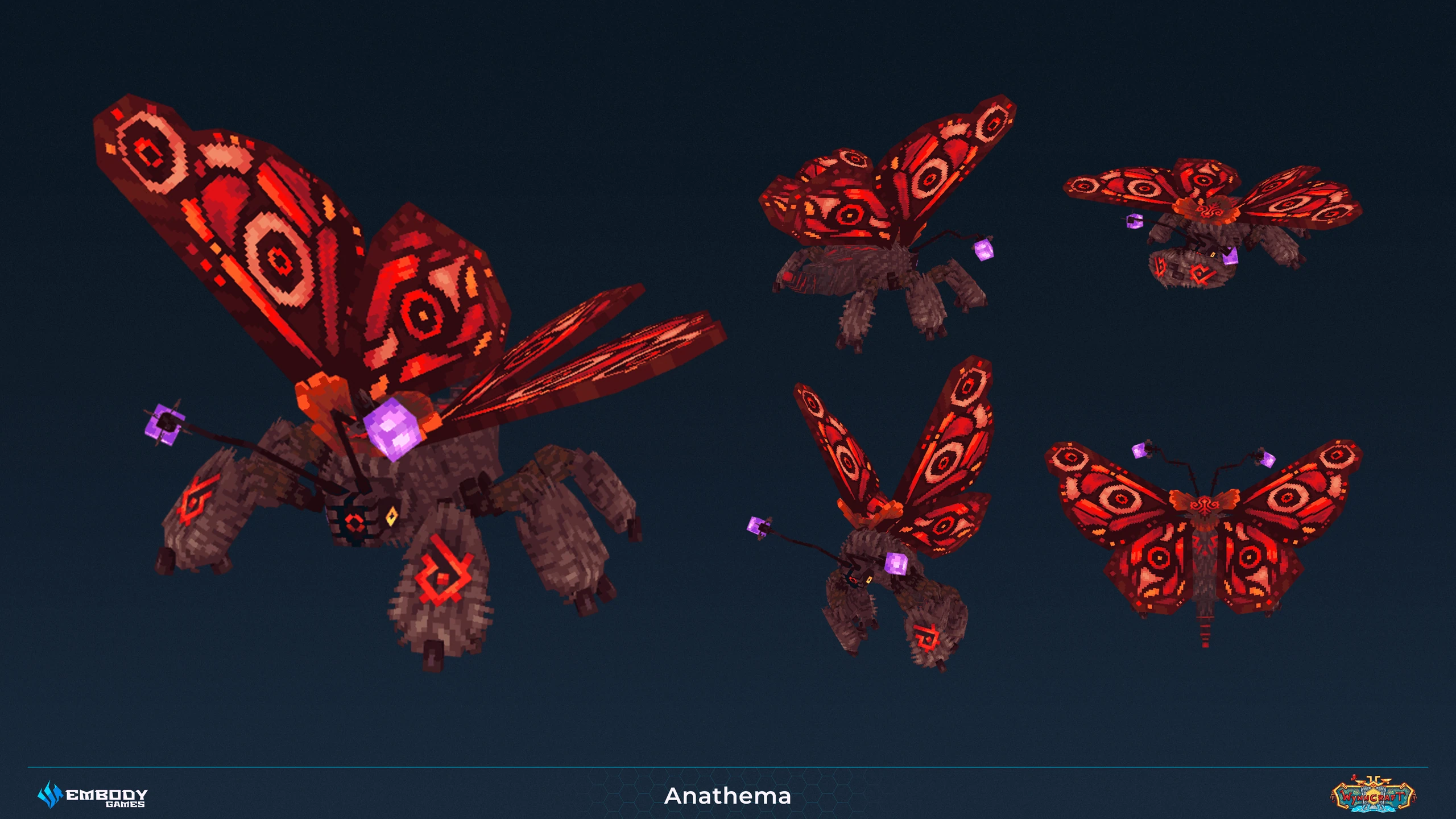 Anathema, a red-winged moth creature built for Wynncraft, shown from five angles
