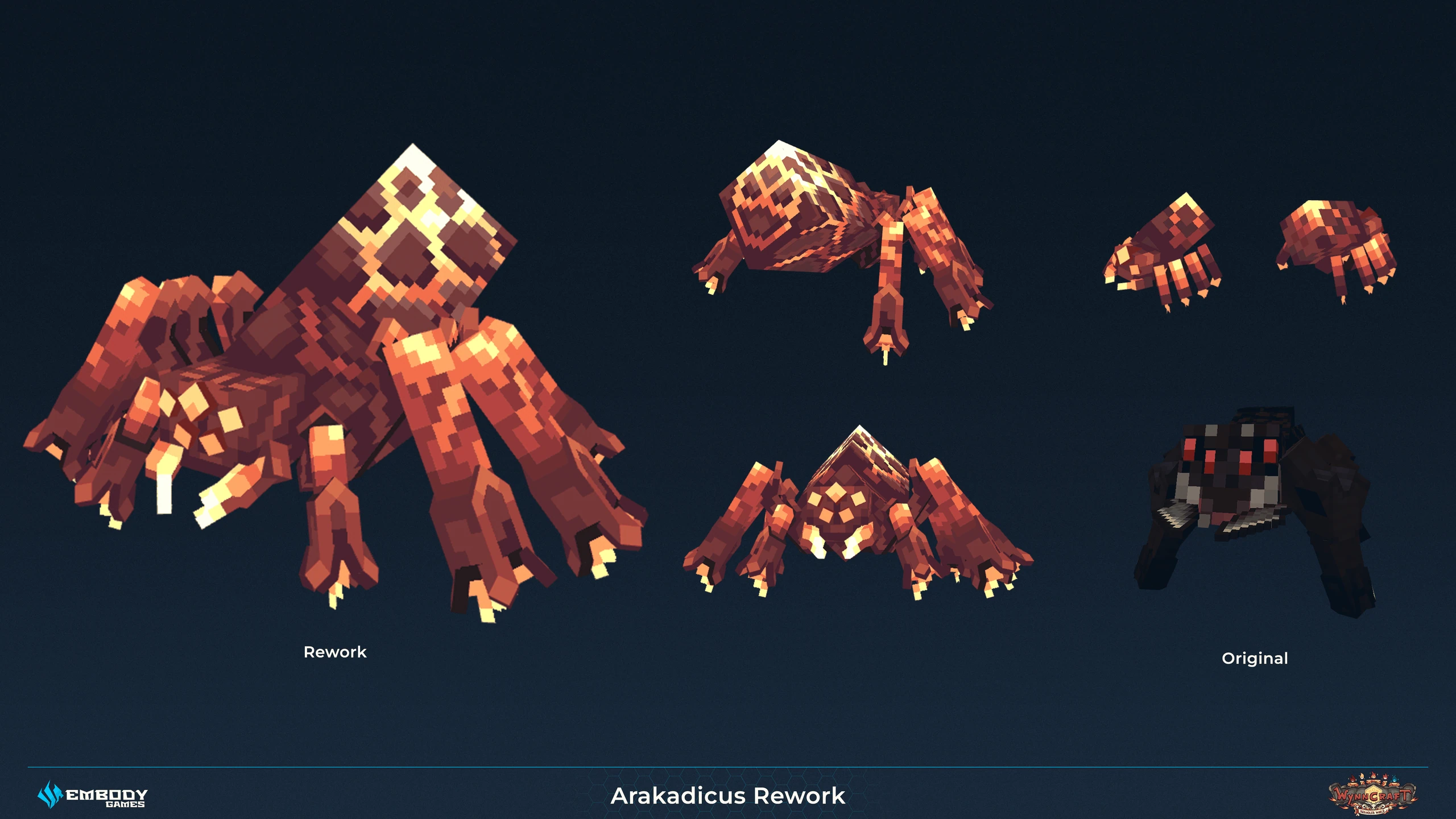 The reworked Arakadicus spider boss beside its original blocky version, shown from several angles